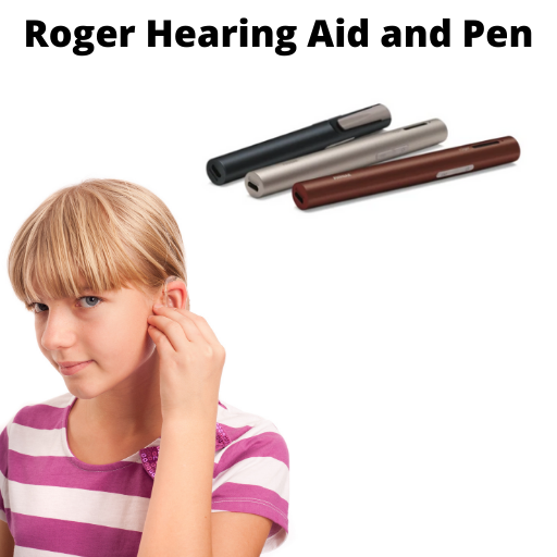 girl wearing a hearing aid and three roger hearing aid pens in the upper right hand corner with text across the top